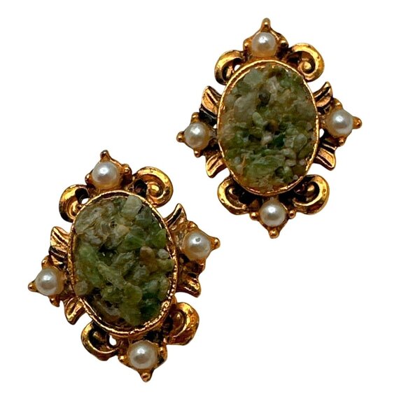 Vintage Green Aventurine Cluster Earrings Ornate Retro Elegance Granny Core - Picture 1 of 6